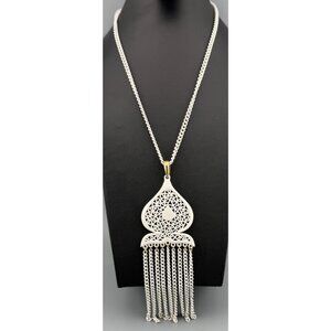 Vintage Trifari Necklace White Enamel Filigree Tassel Pendant 18” Statement Piec